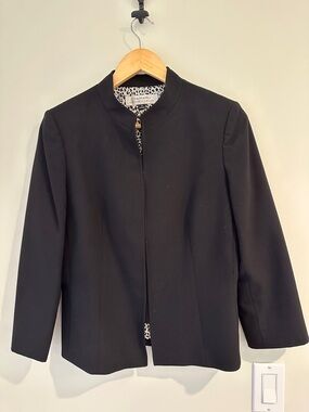 Tahari Black Collarless Women's Jacket with Leopard Lining